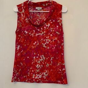Tahari red and pink sleeveless blouse with cowl neck. Size S Length 23” Bust 16”